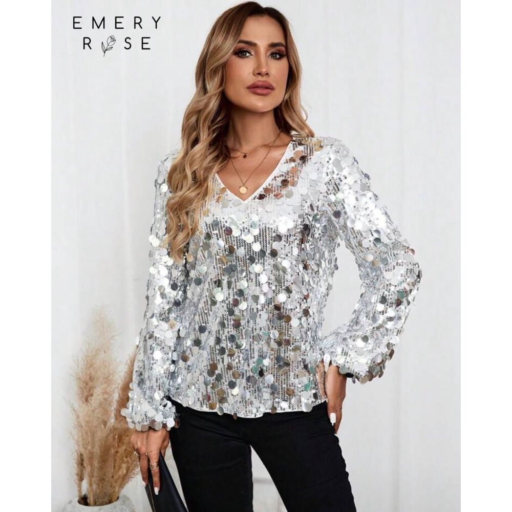 EUC EMERY ROSE Women's Luxurious Sequin V-Neck Long Sleeve Blouse XL Silver - Picture 2 of 8